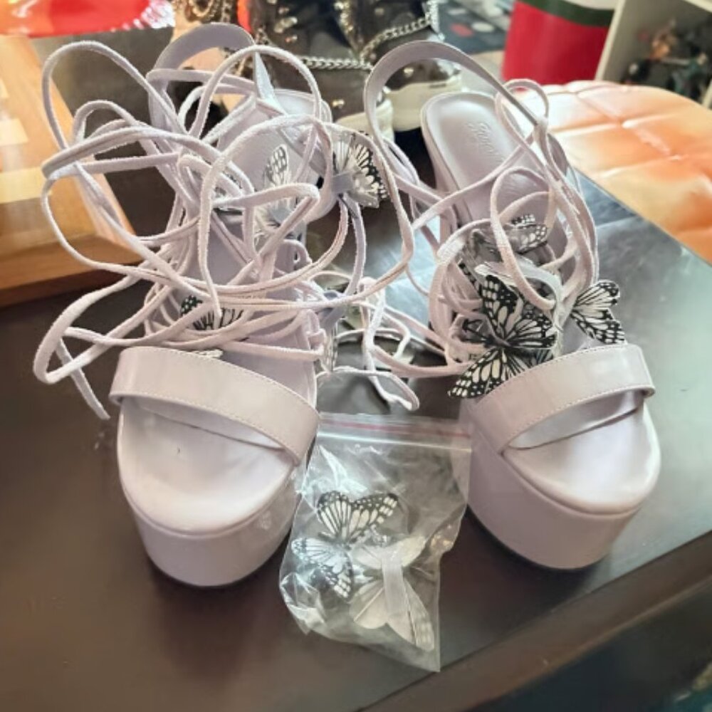 Sugar Thrillz Pixie Queen Lace Up Heels Size 7 Butterfly Purple Dolls Kill